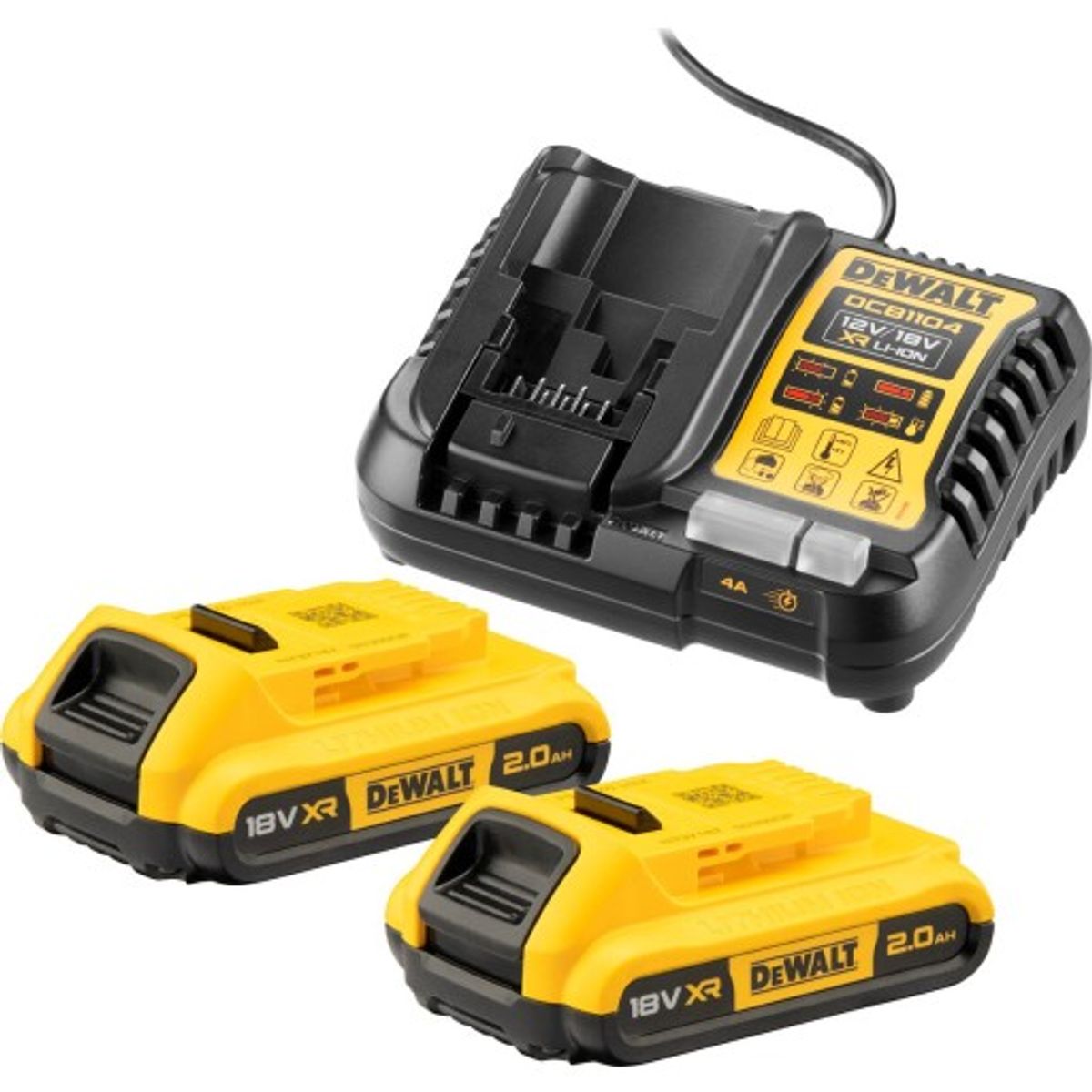 DEWALT 18V XR batterisæt, 2 x 18 V/2,0 Ah og lader