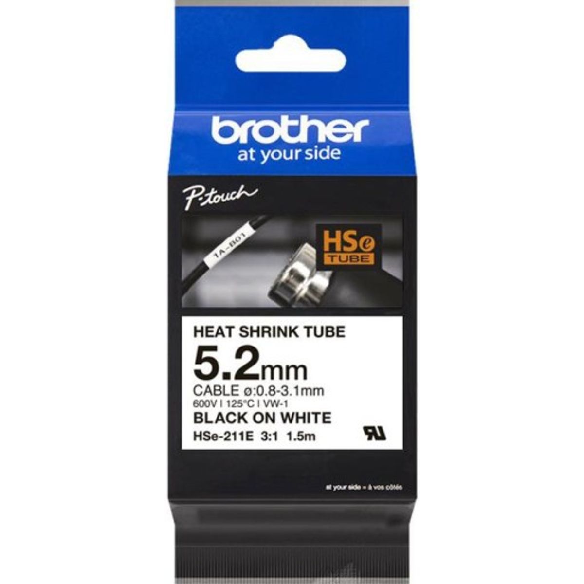 brother krympeflextape HSe211E, sort/hvid, 5,2 mm, til 1,7-3,2 mm kabler