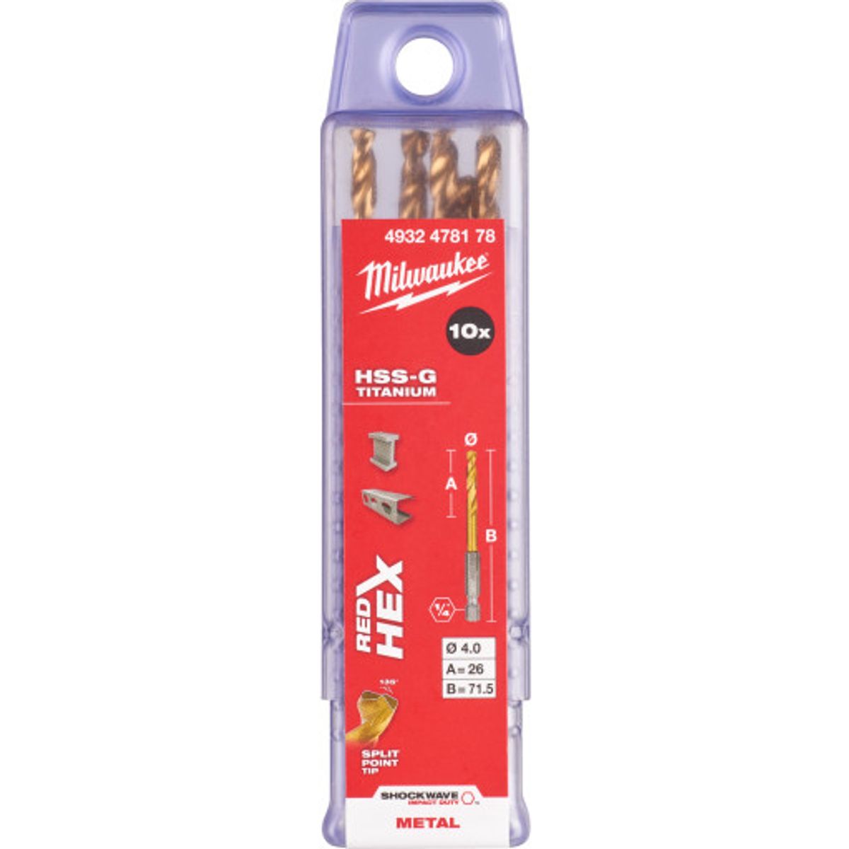 Milwaukee HSS-G TIN Shockwave metalbor 1/4" HEX, 4,0 mm, 10 stk.