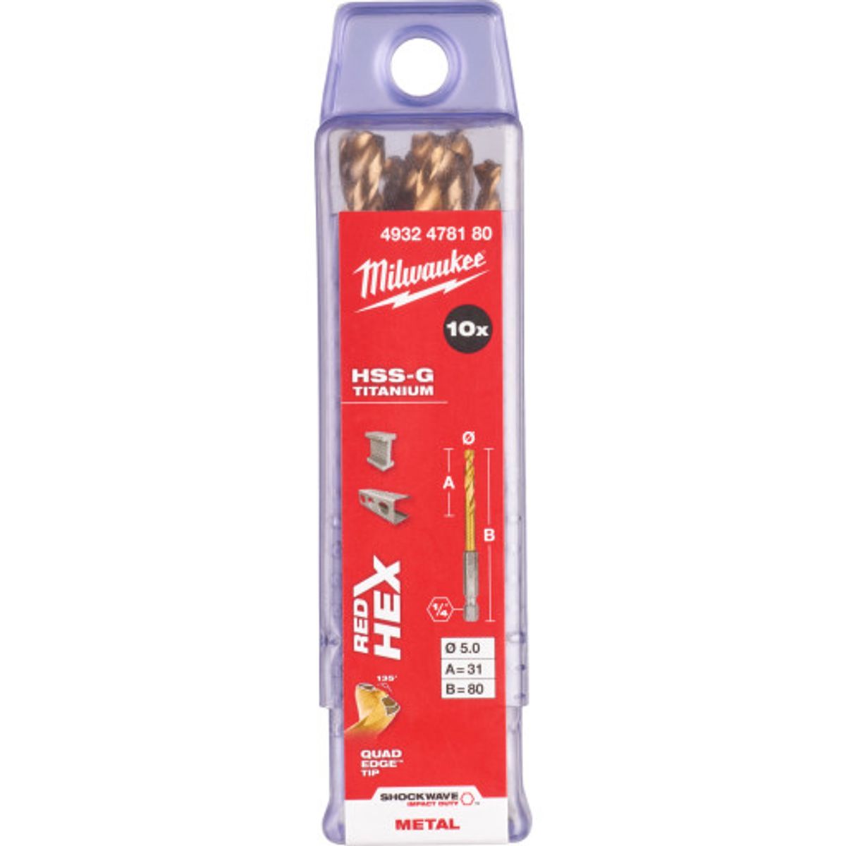 Milwaukee HSS-G TIN Shockwave metalbor 1/4" HEX, 5,0 mm, 10 stk.