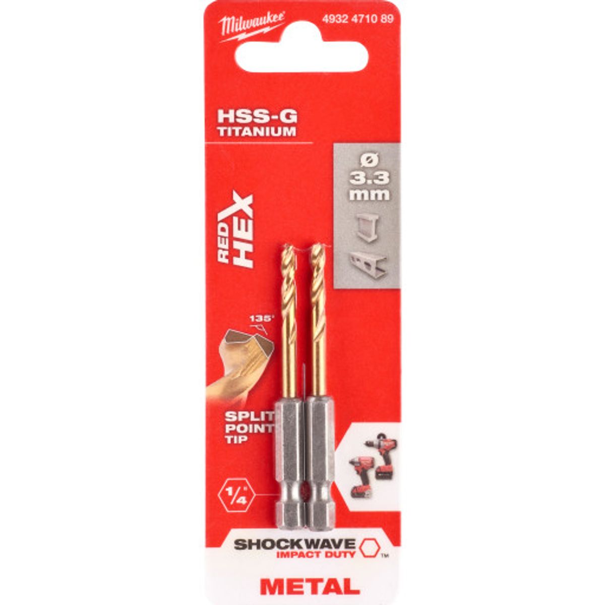 Milwaukee HSS-G TIN Shockwave metalbor, 1/4" HEX, 3,3 mm, 2 stk.