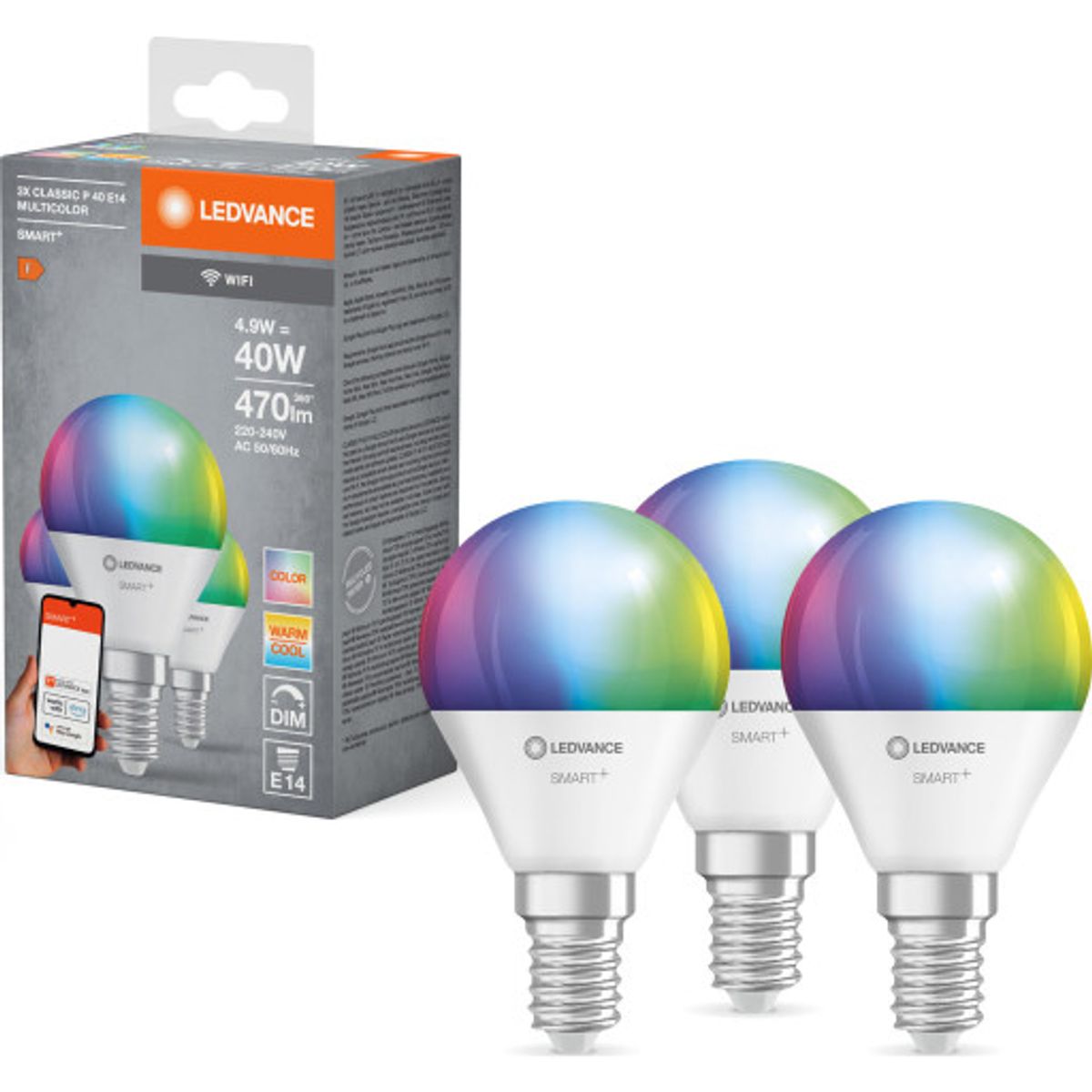 Ledvance Smart+ Wifi E14 kronepære, 2700K-6500K, 4,9W, 3-pak