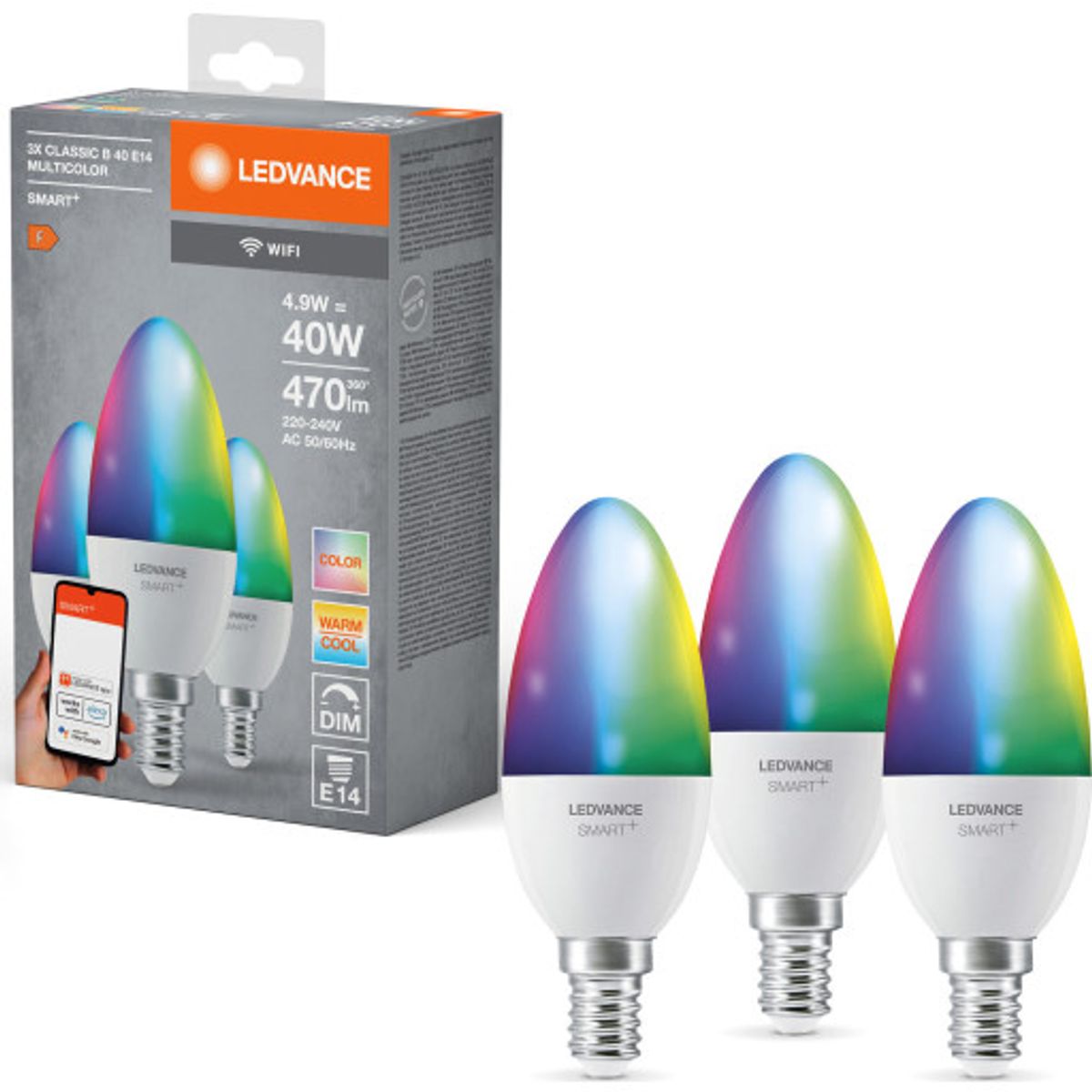 Ledvance Smart+ Wifi E14 kertepære, 2700K-6500K, 4,9W, 3-pak