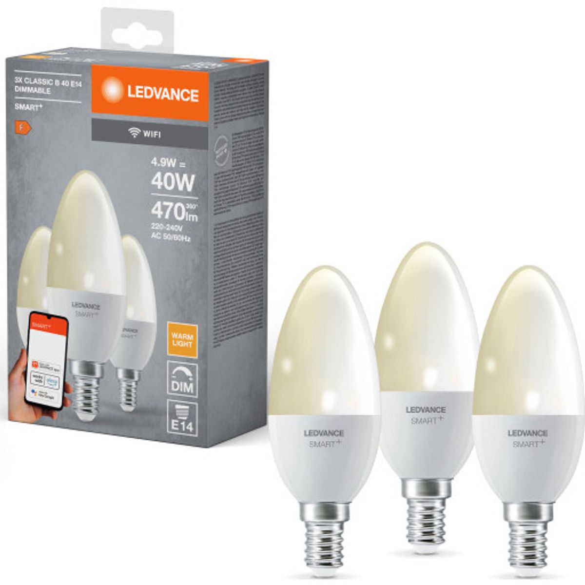 Ledvance Smart+ Wifi E14 kertepære, hvid lysfarve, 4,9W, 3-pak