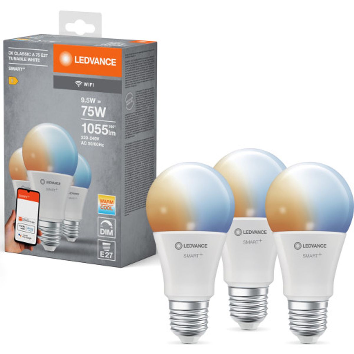 Ledvance Smart+ Wifi E27 standardpære, 2700K-6500K, 9,5W, 3-pak