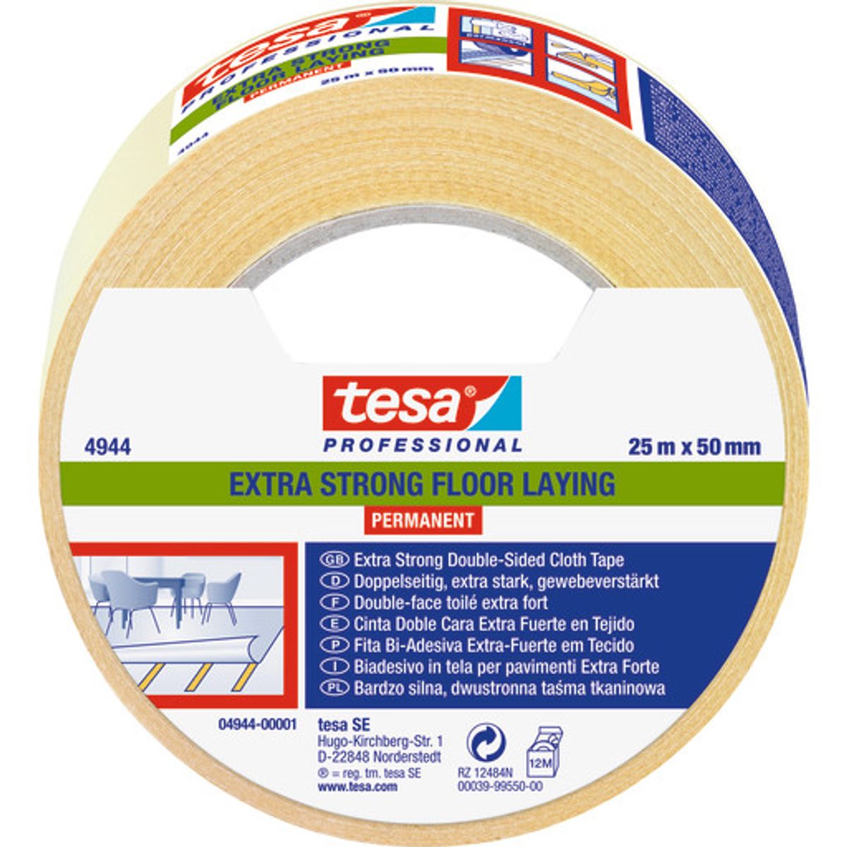 Tesa permanent dobbeltklæbende tape, 50 mm, 25 meter