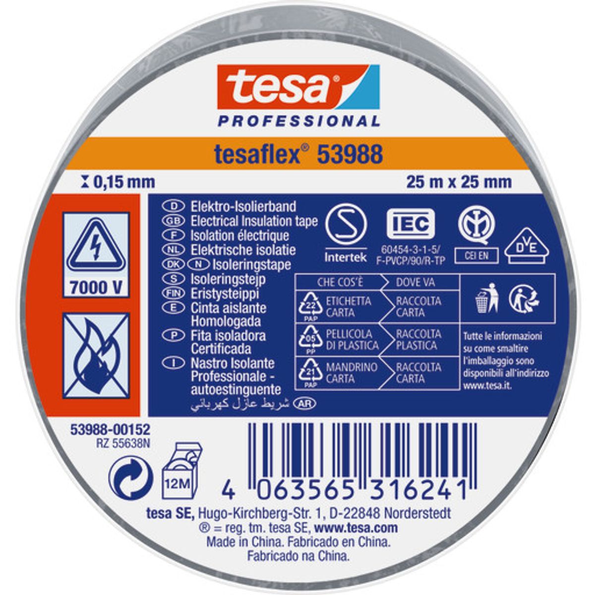 tesa isoleringstape 53988 PVC 25 mm x 25 m, grå