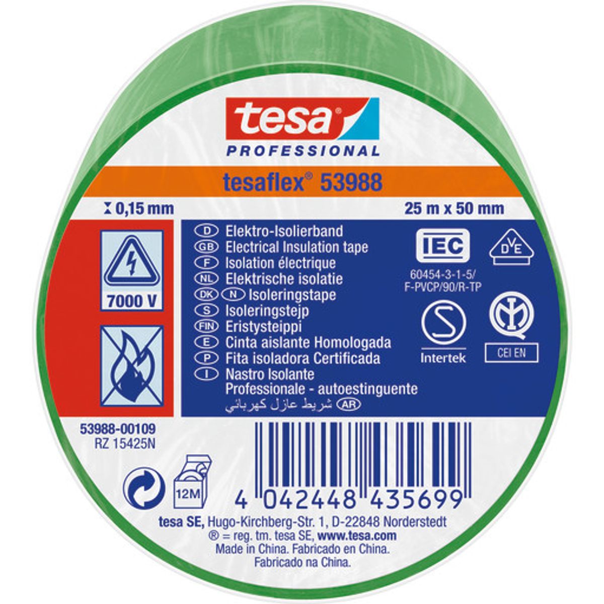 tesa isoleringstape 53988 PVC 50 mm x 25 m, grøn