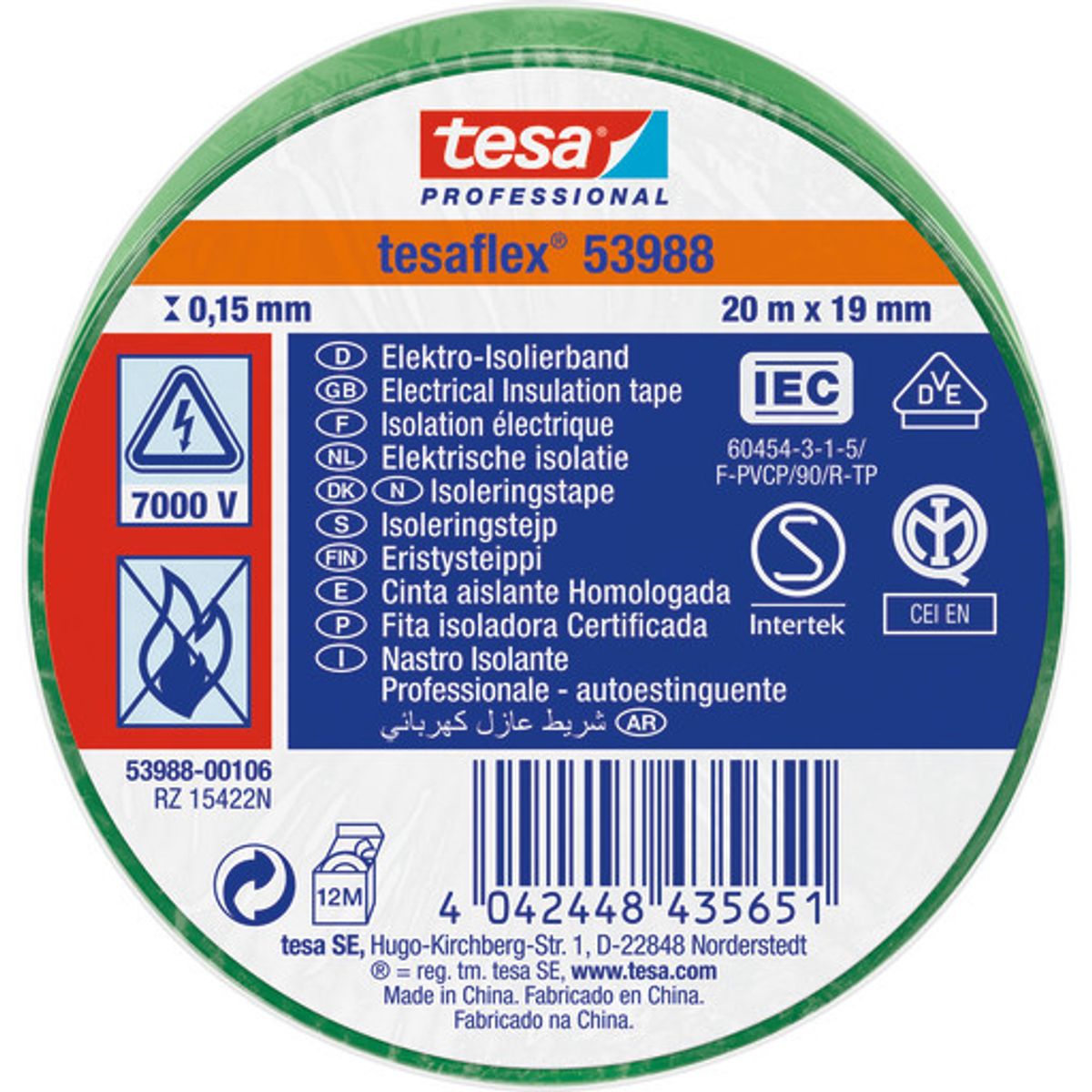 tesa isoleringstape 53988 PVC 19 mm x 20 m, grøn