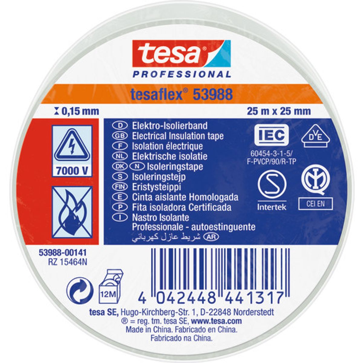 tesa isoleringstape 53988 PVC 25 mm x 25 m, hvid