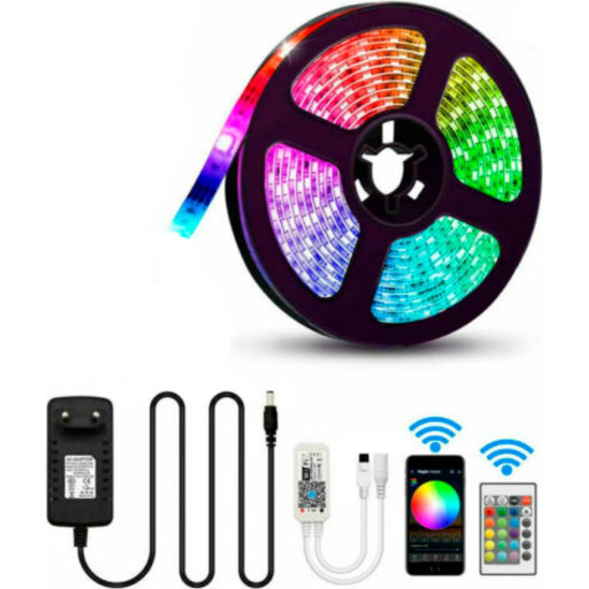 Led strip, kit, 5m, RGBW, fjernbejening, app styring, IP65