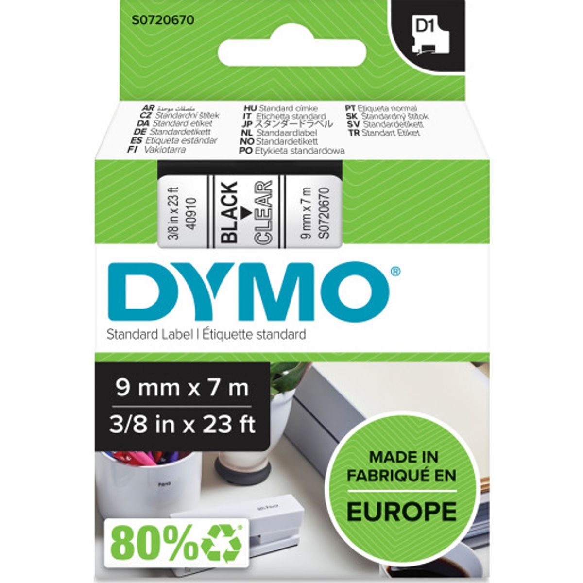 5 stk DYMO® Standard D1 tape, 9 mm, sort på klar