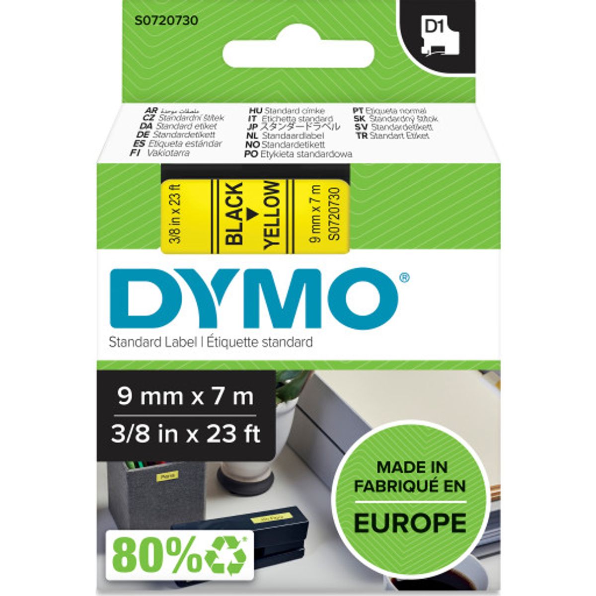 5 stk DYMO® Standard D1 tape, 9 mm, sort på gul