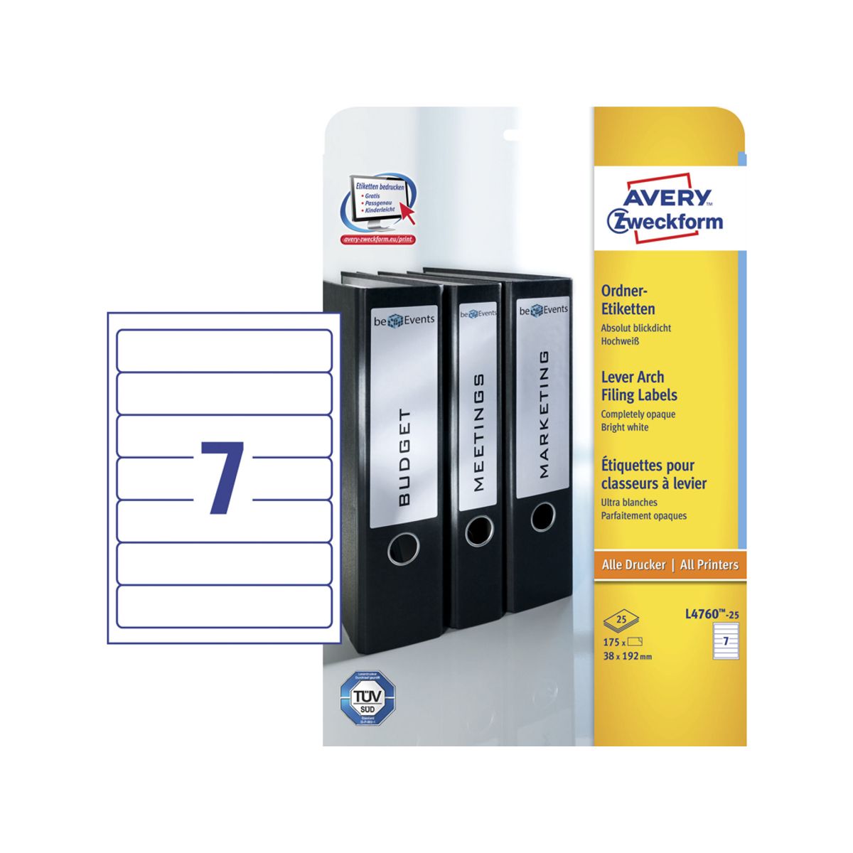 Etiket 192x38mm Avery L4760 Rygetiket 7 Stk/ark 30 ark