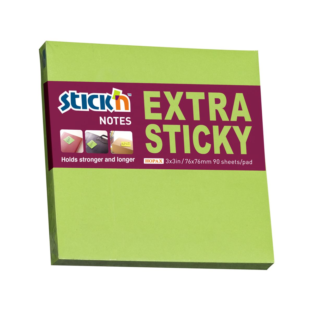 Notes Stick'n 76x76mm. Ekstra Sticky Grøn