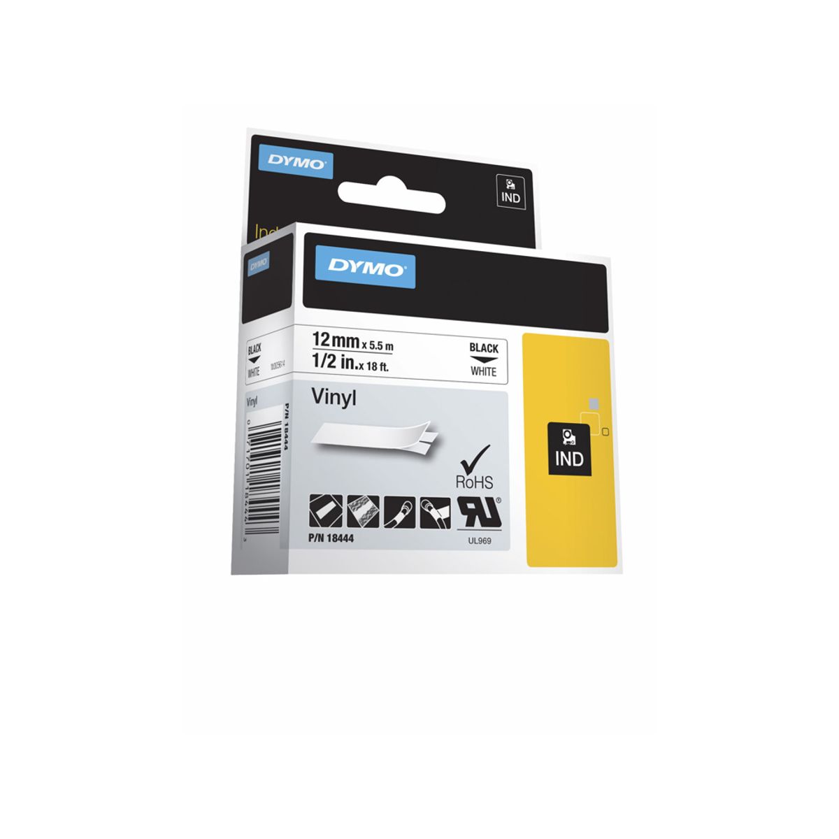 Dymo Tape Rhino 12mm Vinyl Sort/hvid 18490