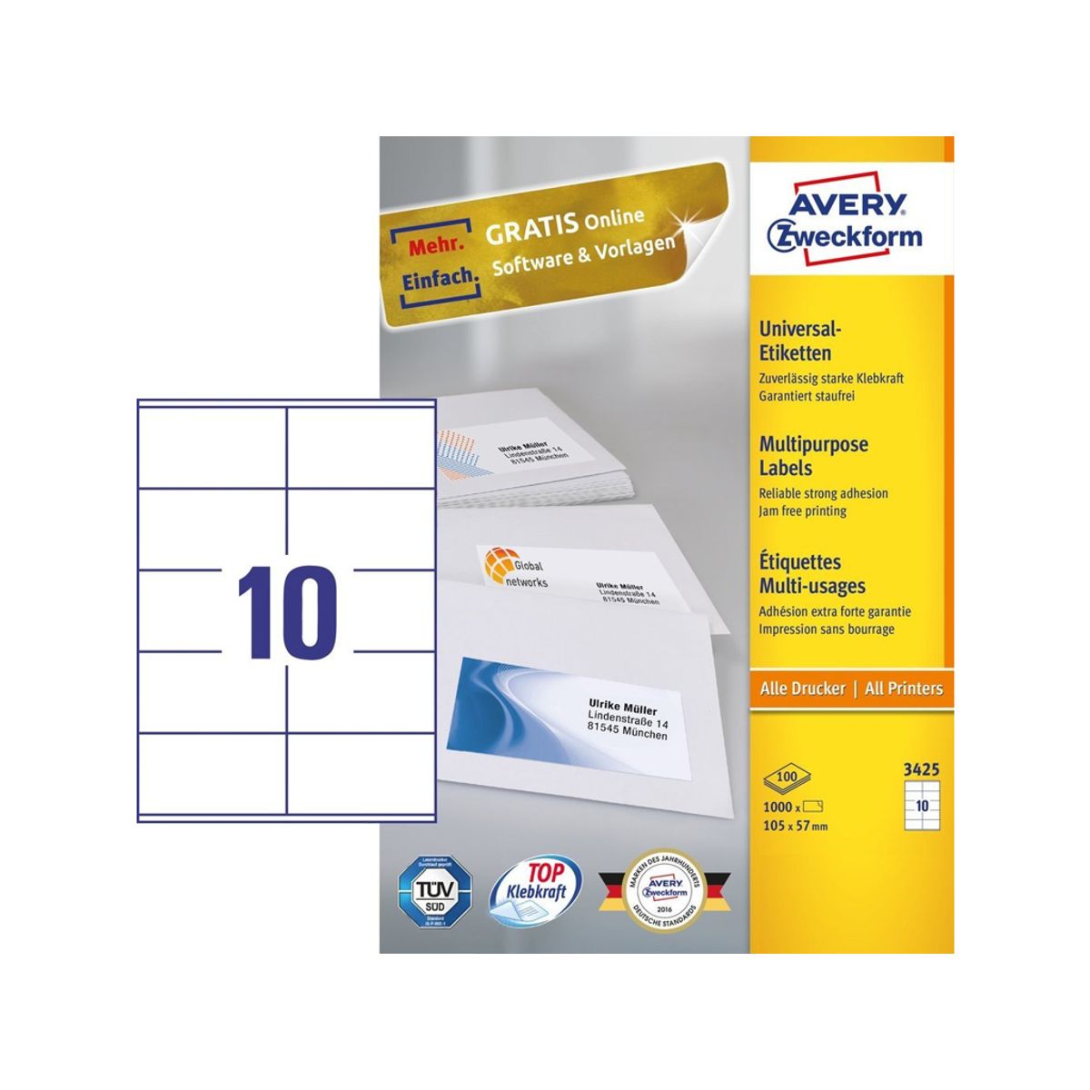 Etiket 105x57mm Avery 3425 10 Stk/ark 100 ark