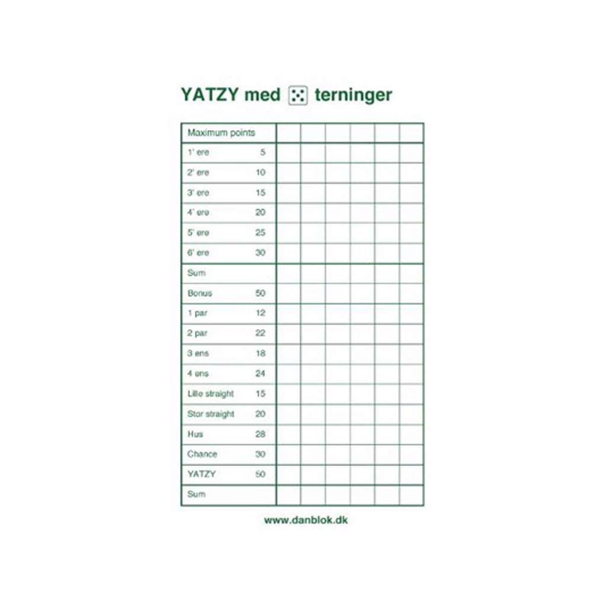 Yatzyblok til 5 Terninger 3 Blokke