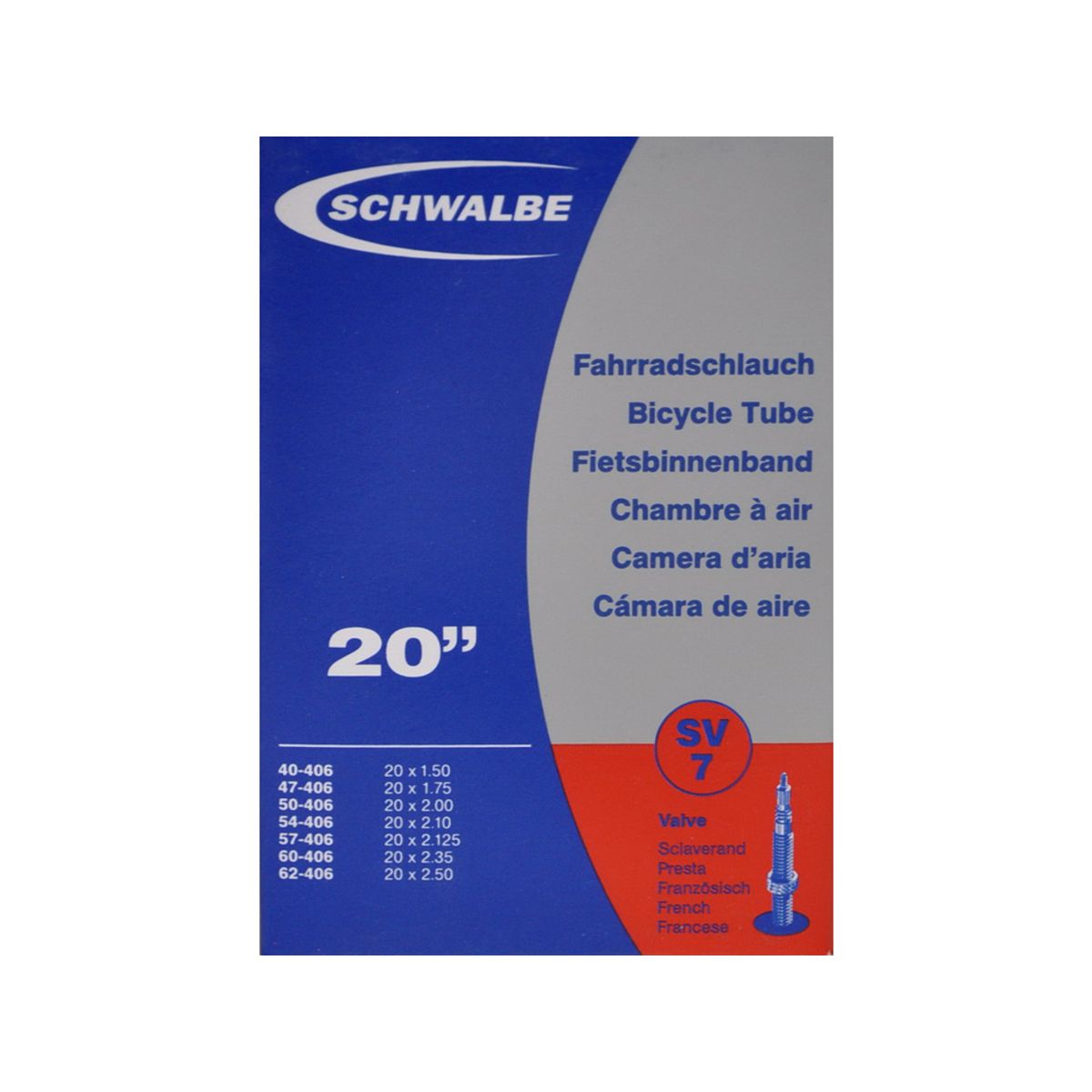 Schwalbe slange 20 x 1,50-2,50 med Racer ventil SV7