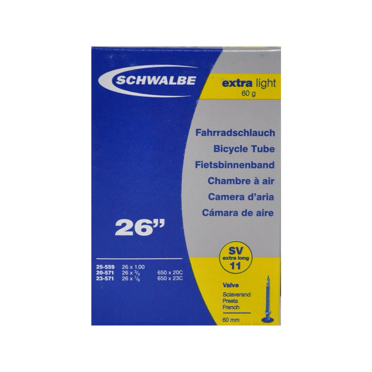 Schwalbe slange 26 x 1,00 X-Light med Racer ventil SV11