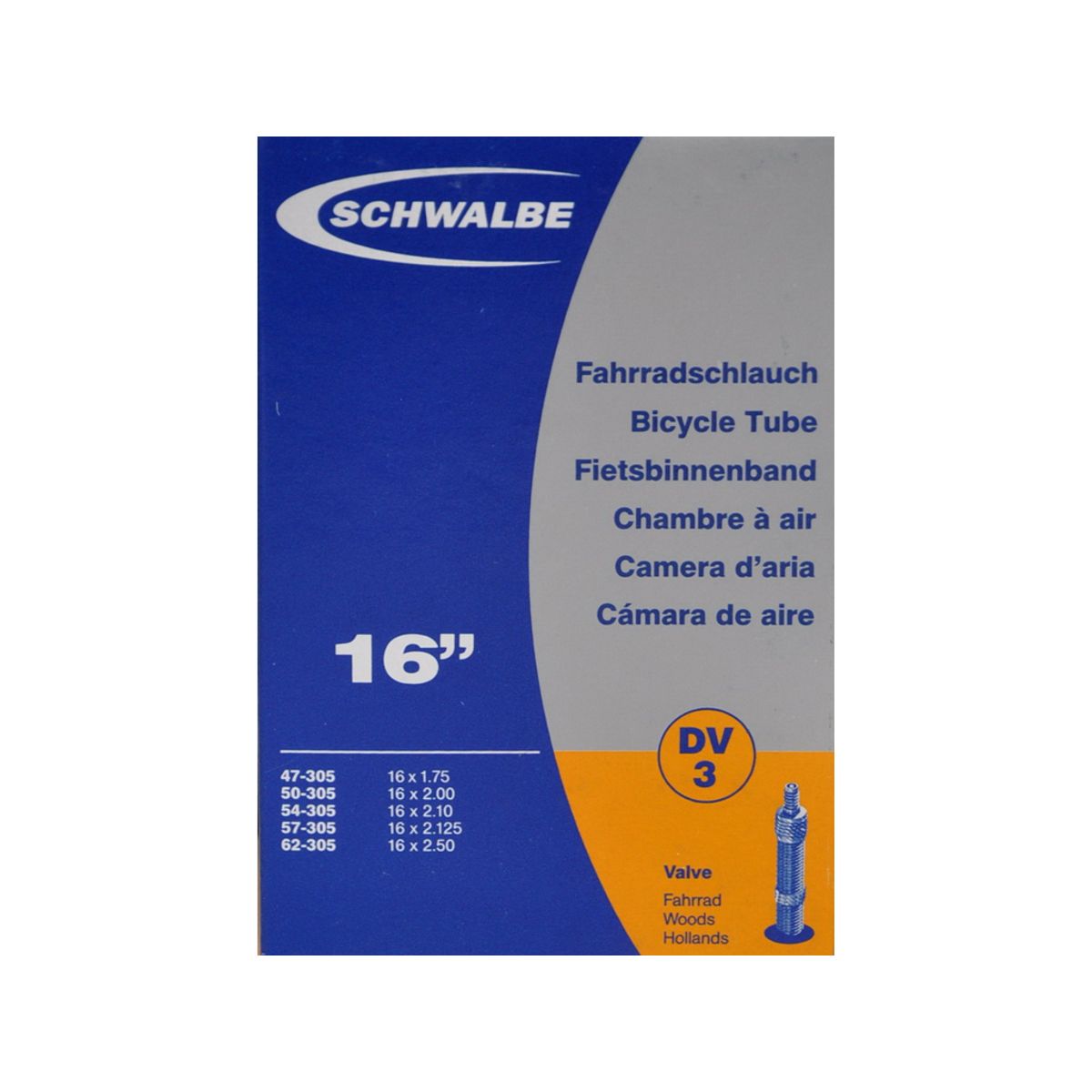 Schwalbe slange 16 x 1,75-2,50 med almindelig ventil DV3