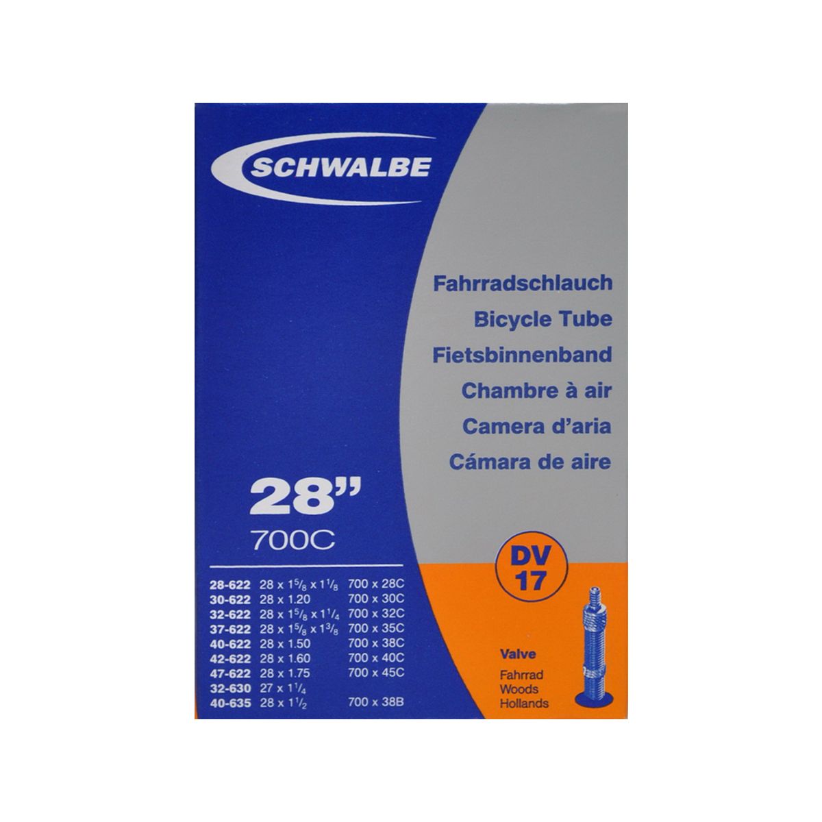 Schwalbe slange 700 x 28-45c med almindelig ventil DV17