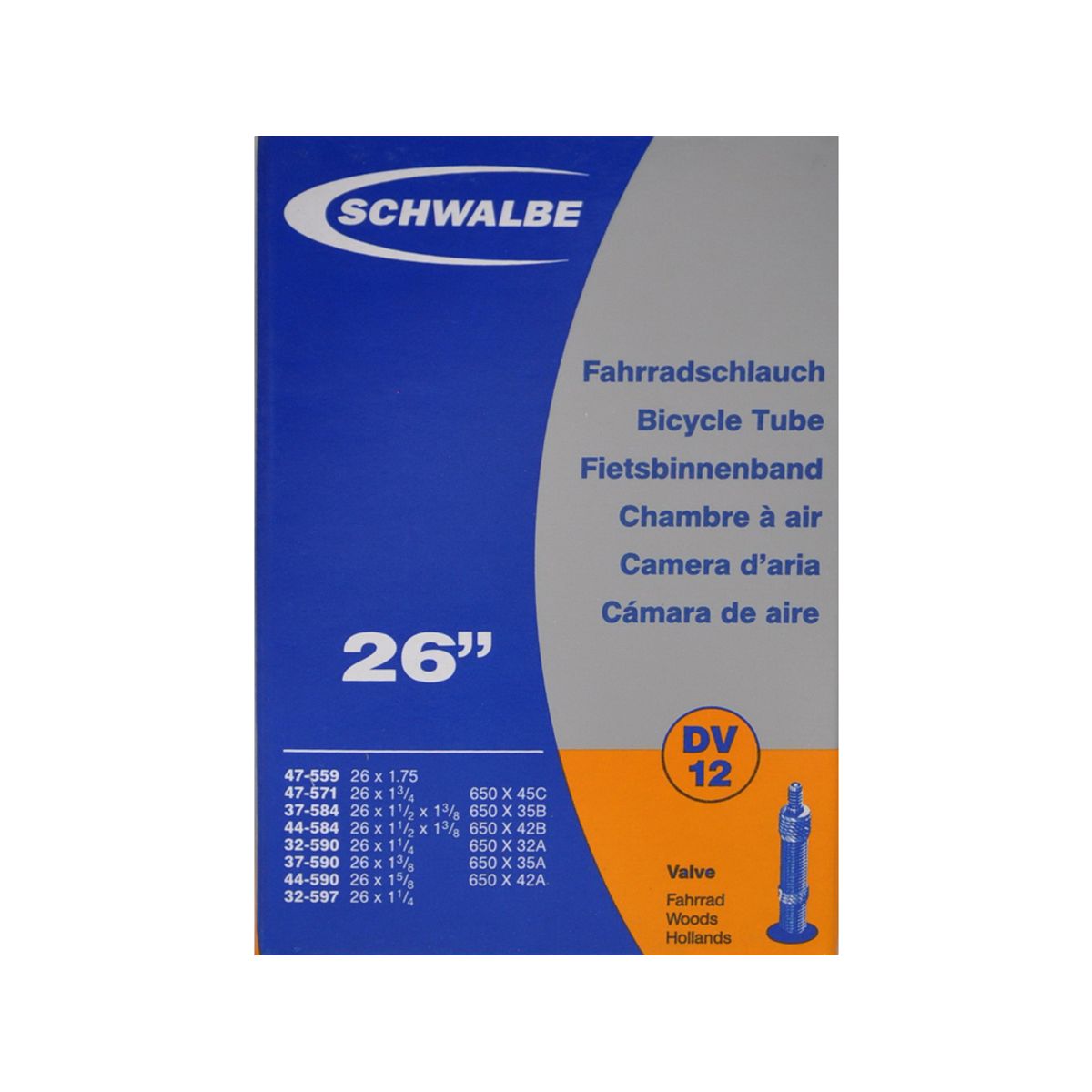 Schwalbe slange 26 x 1. 3/8 med almindelig ventil DV12