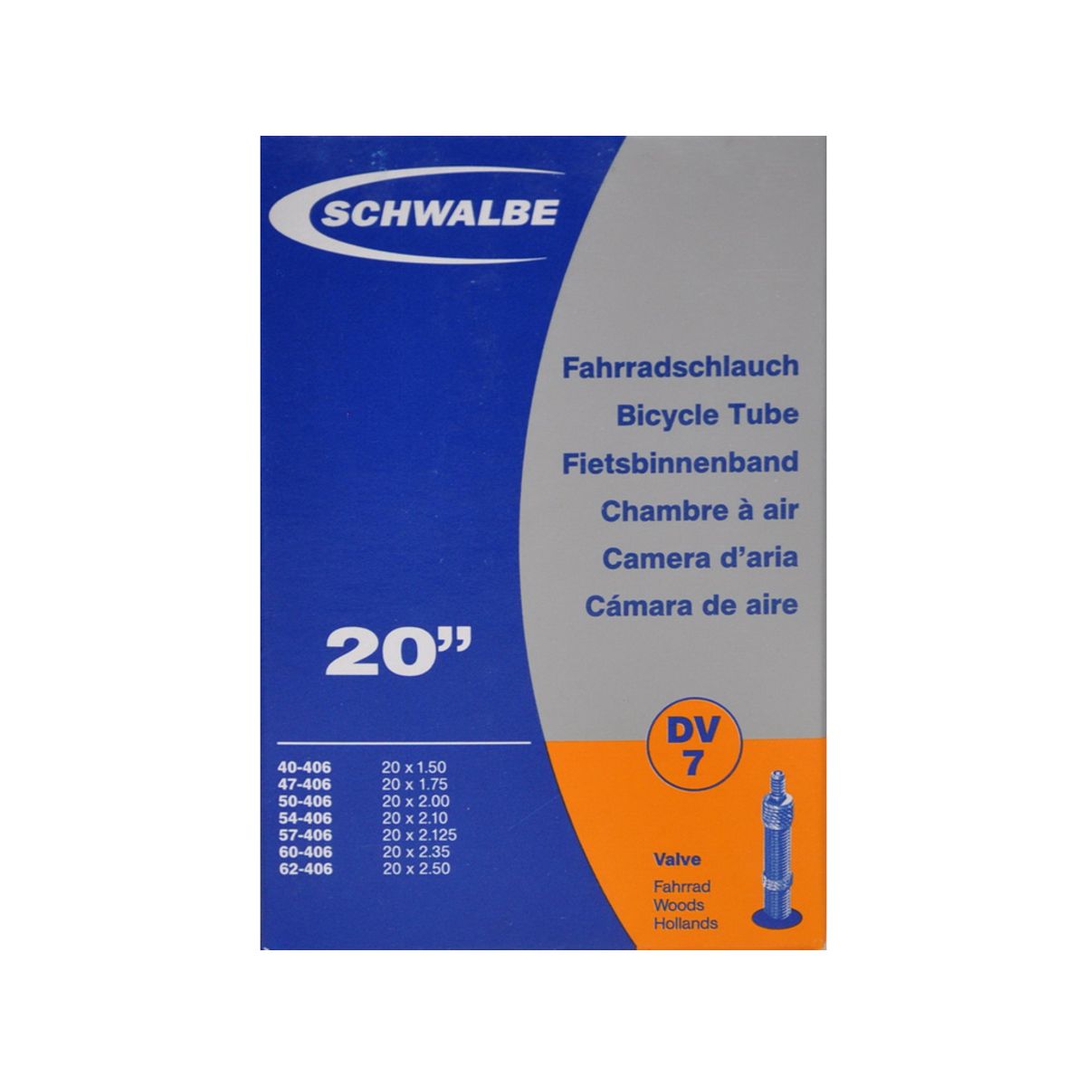 Schwalbe slange 20 x 1,50-2,50 med almindelig ventil DV7