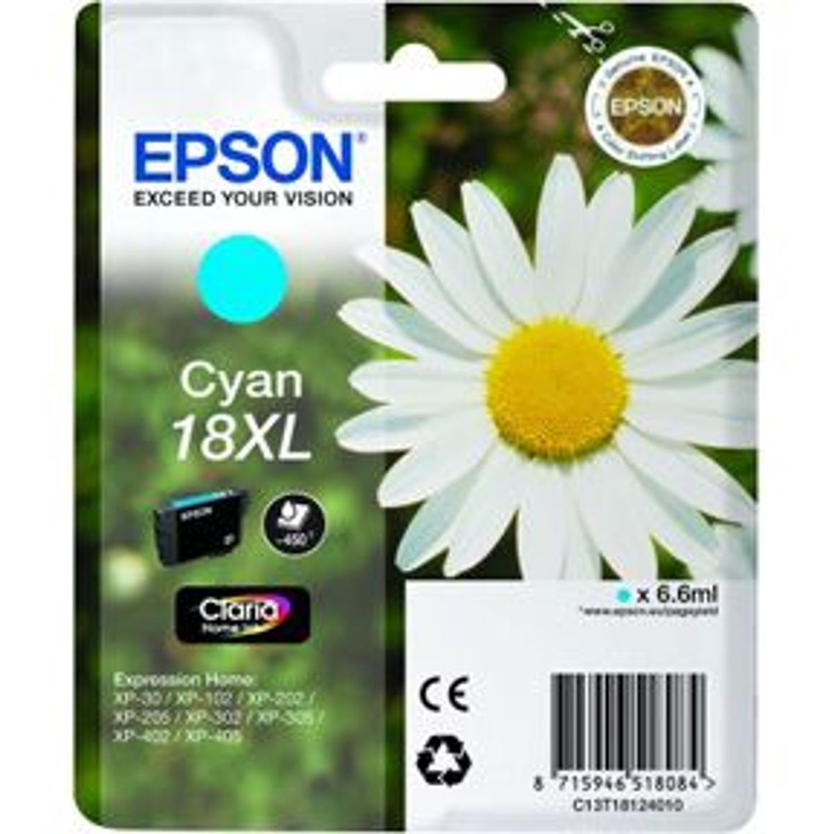 Epson T1812 C (C13T18124012) Cyan Blækpatron, Original 6,95ml