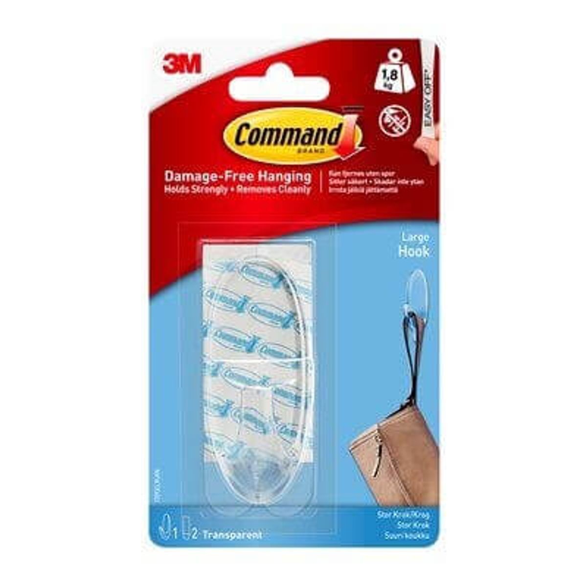 3M Command gennemsigtig stor krog 1,8 kg, 1 krog, 2 strips