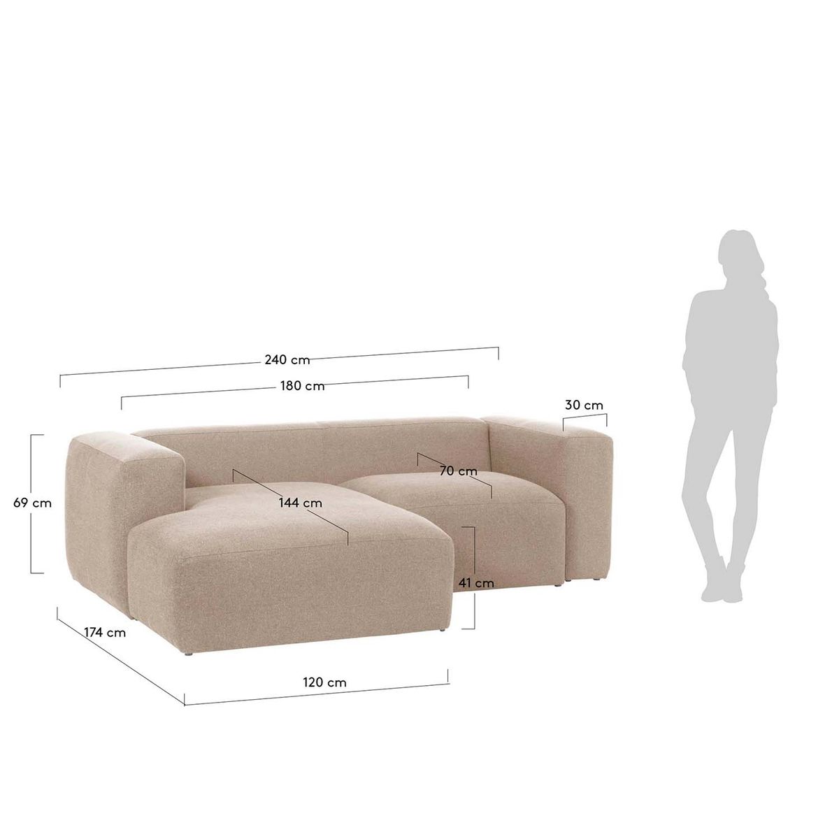 KAVE HOME Blok sofa, m. venstre chaiselong - beige polyester og stål