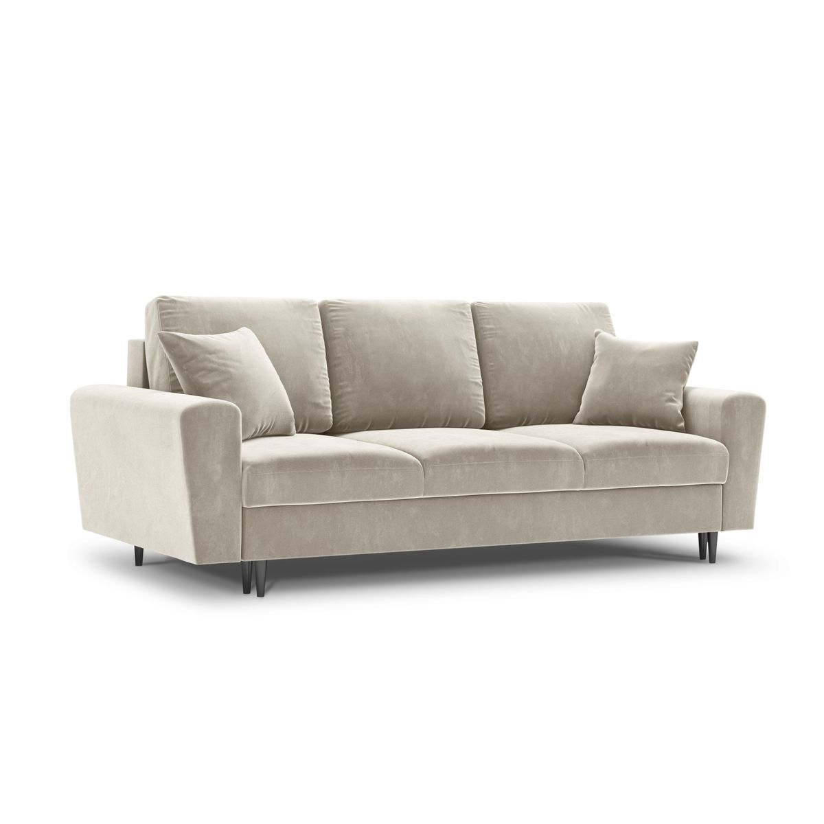 MICADONI Moghan sofa, m. sengefunktion og boks, 3 sæder - beige fløjl og sort krom metal