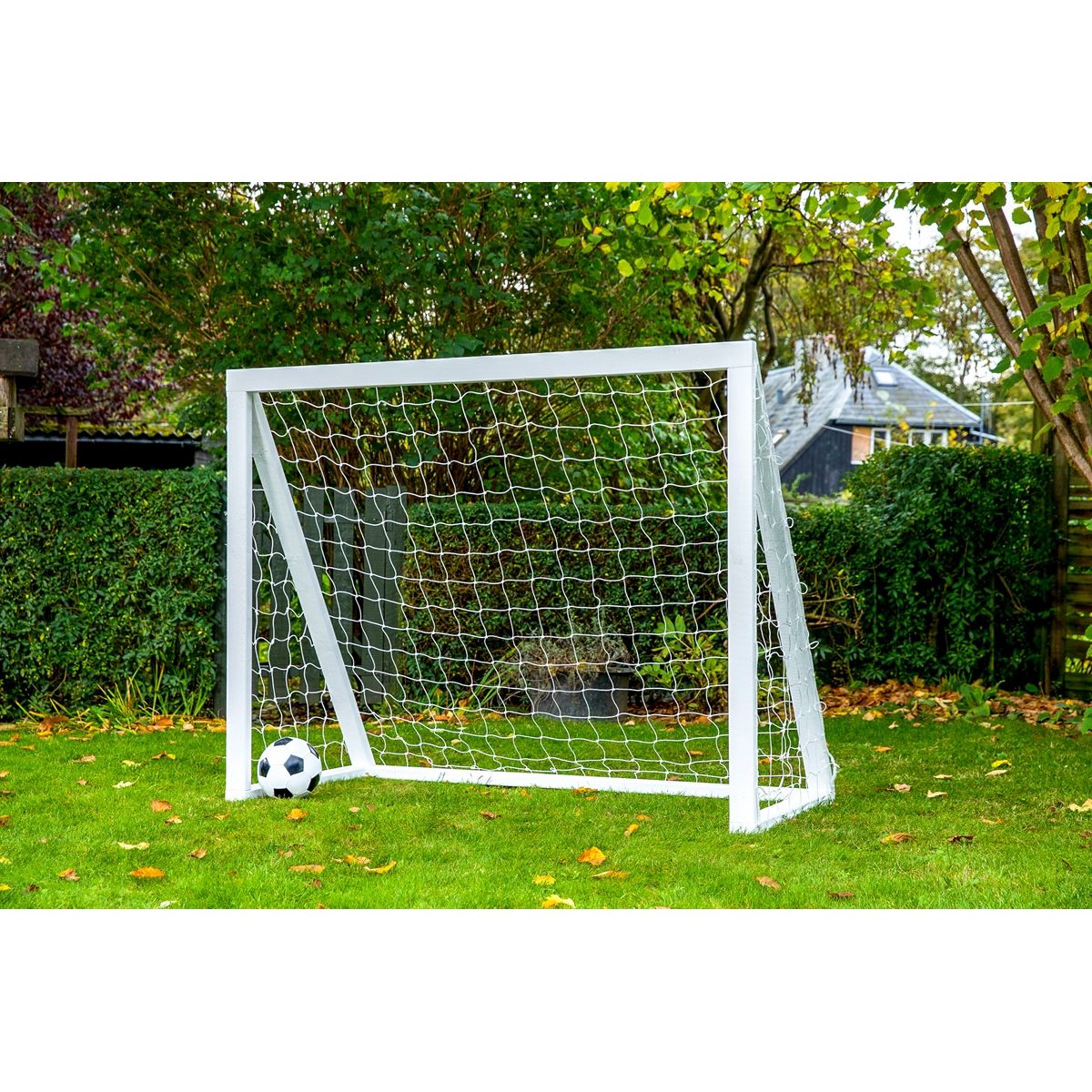 Fodboldmål i TRÆ - 175 cm x 140 cm med net i HVID - KRAFTIG KVALITET - HURTIG LEVERING