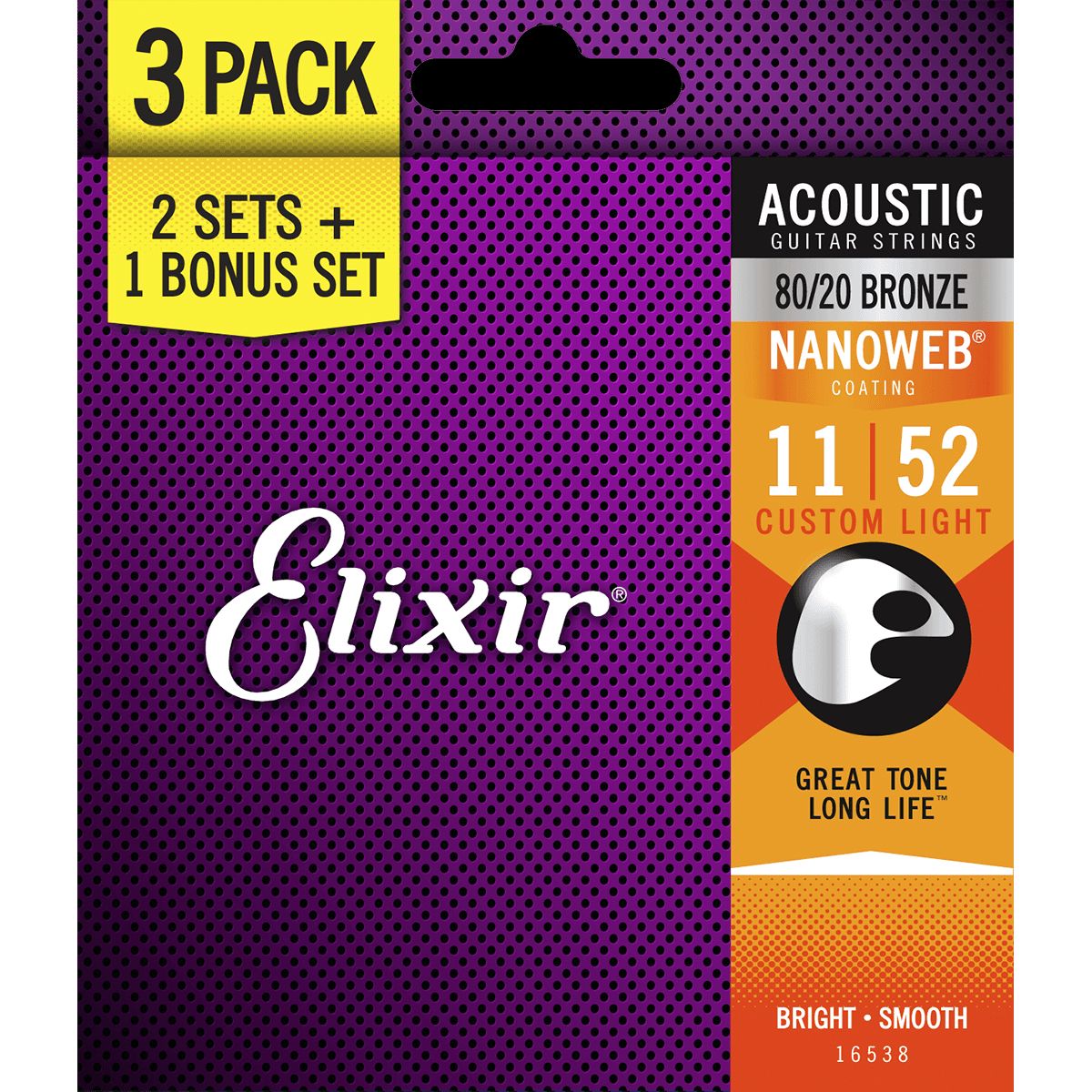 Elixir Nanoweb Bronze 80/20 - Western-strenge 011-052 Custom Light - 3 Pack