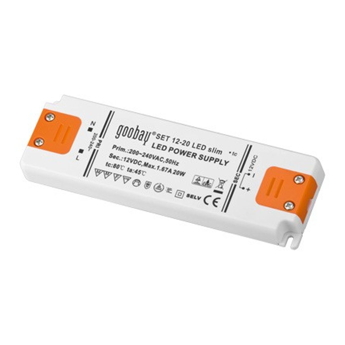 LED strømforsyning, 12VDC, 20W slim, IP20