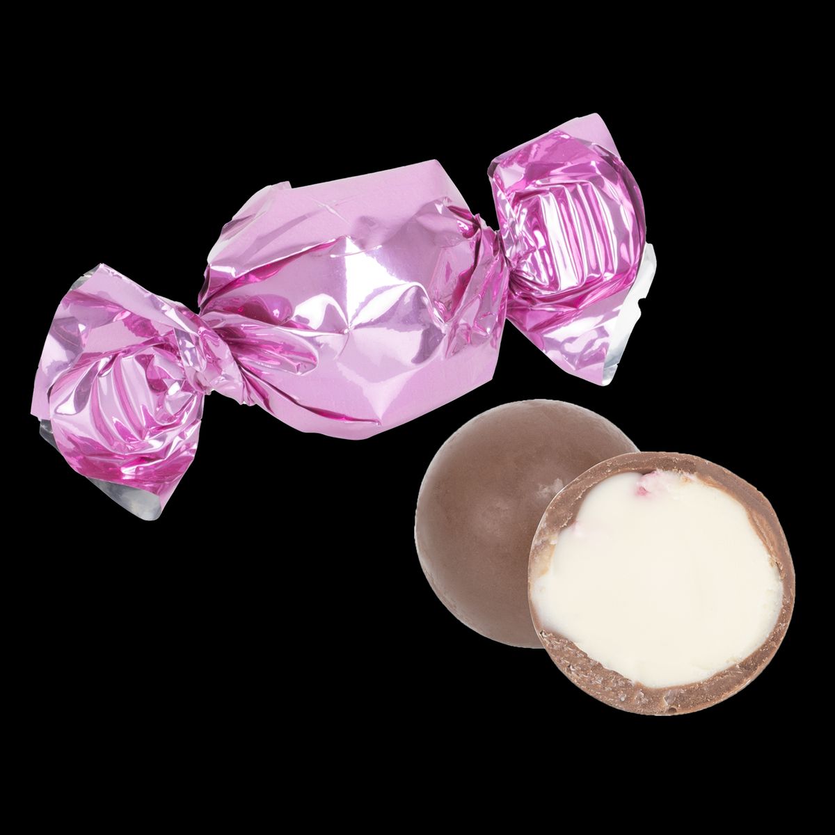 Chokolade kugler, jordbærsmag, pink folie 1000g