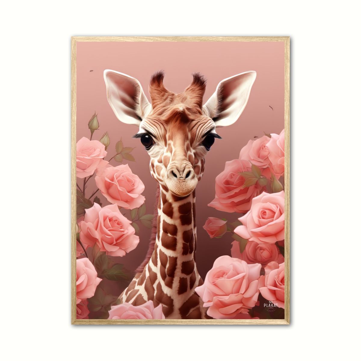 Plakat med Pink Roser i Giraffens Verden - Giraf Plakat 31 50 x 70 cm (B2)