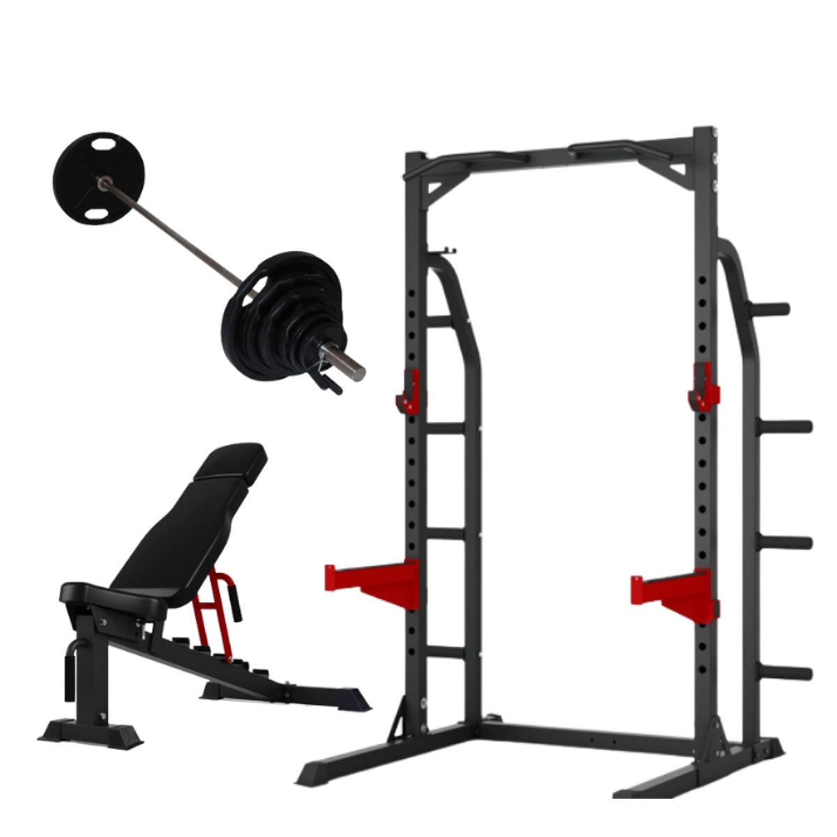 Peak Fitness - Half Rack m. 125kg 50 mm vægtskiver og Fid Bænk - Sort