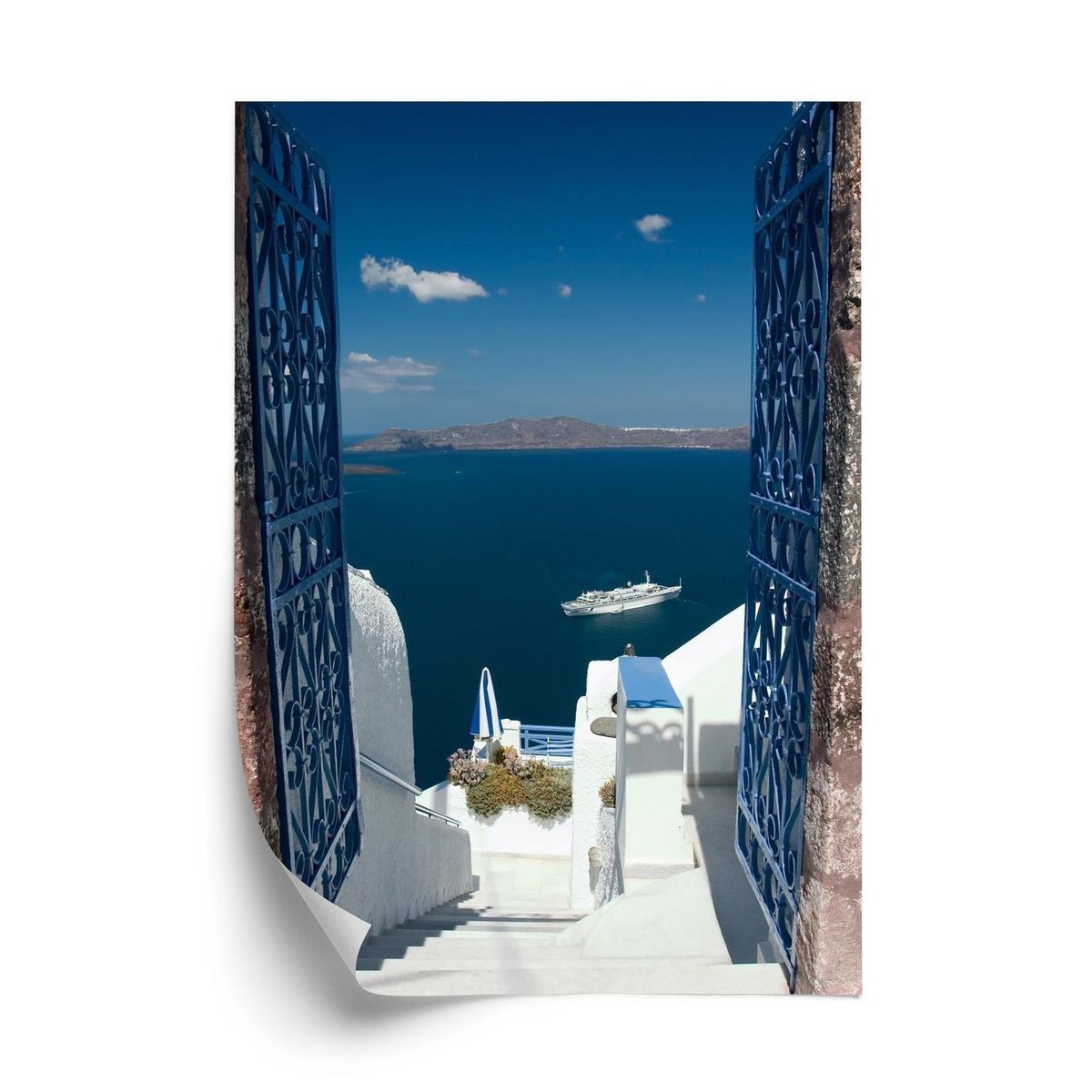 Plakat - Santorini blå port med udsigt over havet