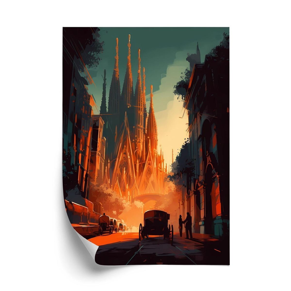 Plakat - Sagrada familia kirke og solnedgang