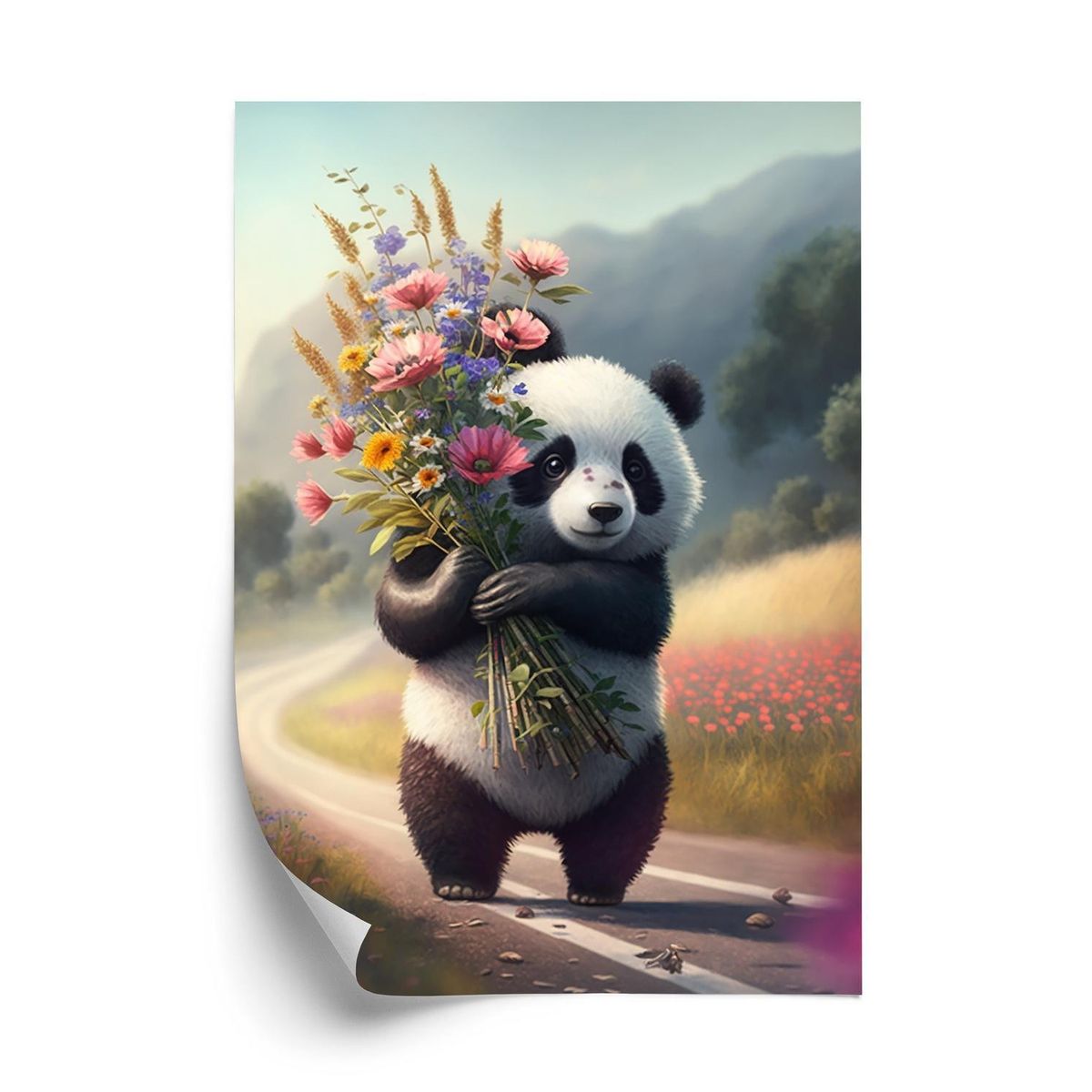 Plakat - Panda holder blomster