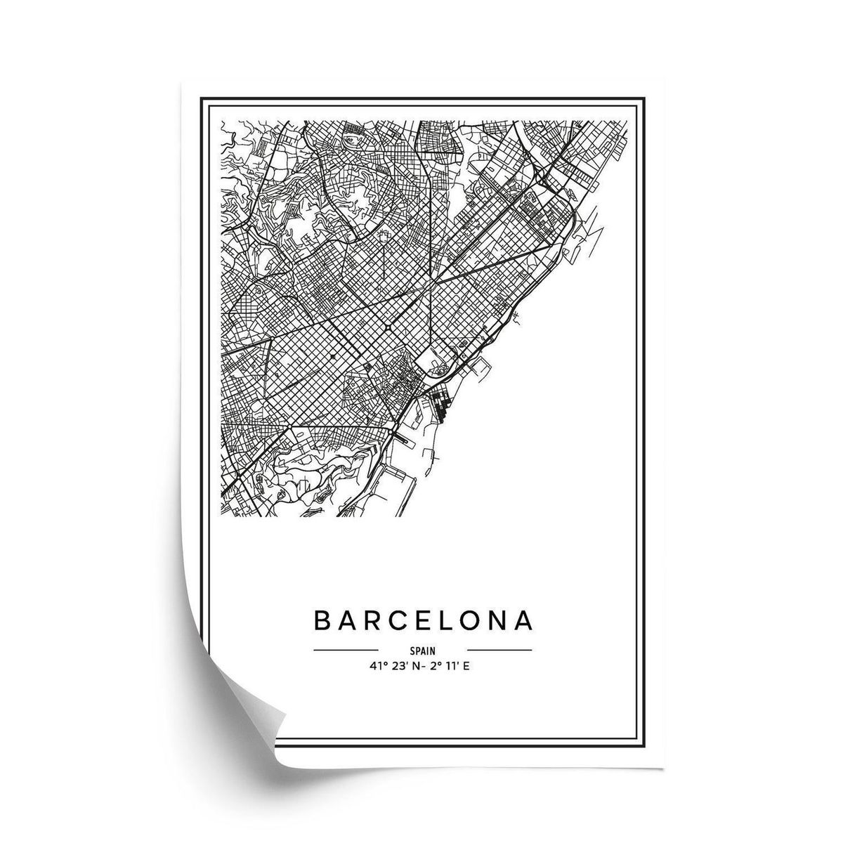 Plakat - Barcelona bykort i sort og hvid