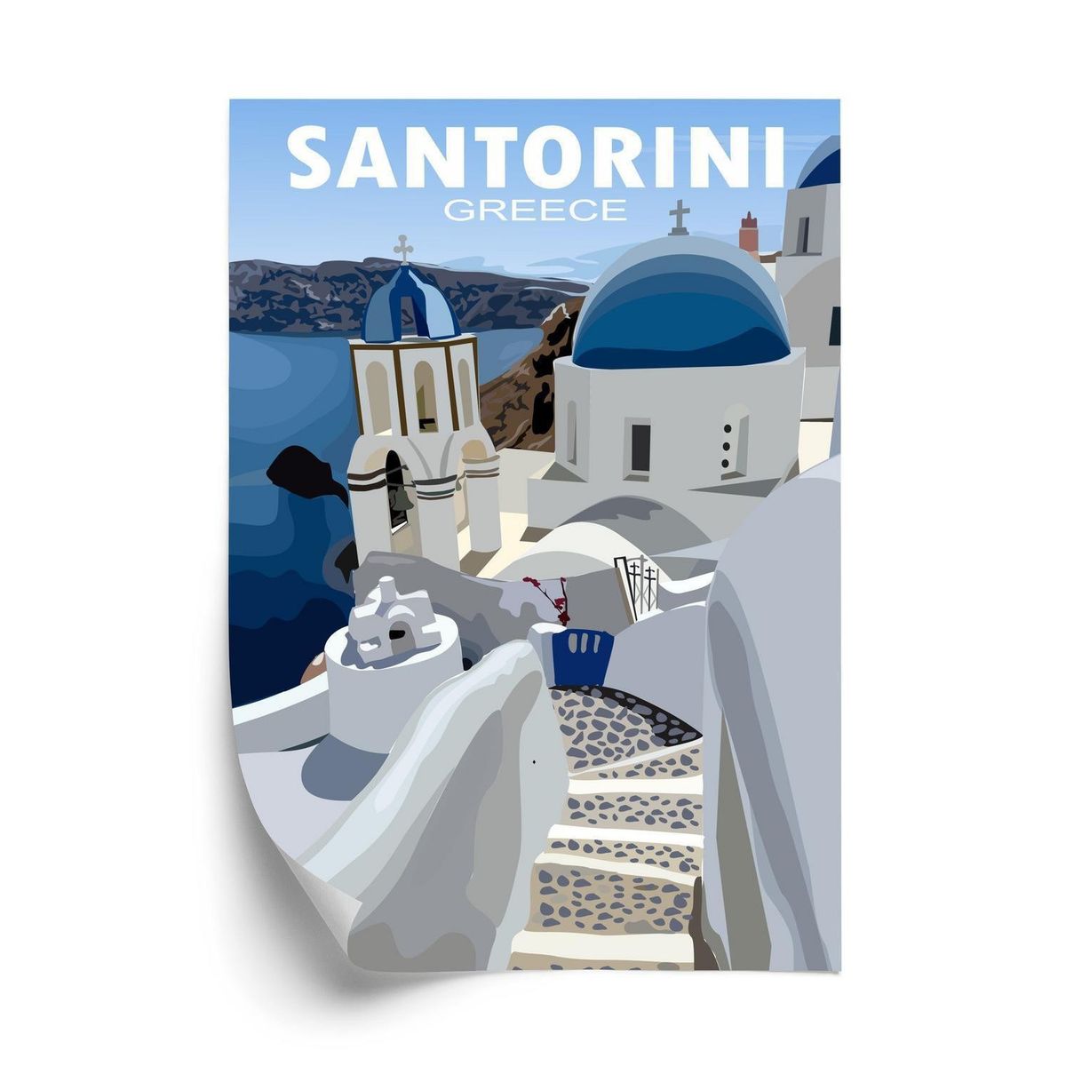 Plakat - Typiske græske bygninger med blå tage på santorini