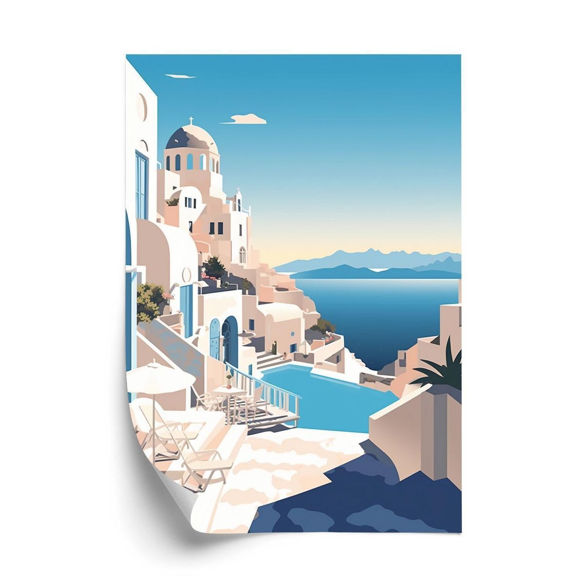 Plakat - Græsk arkitektur i santorini og blåt hav