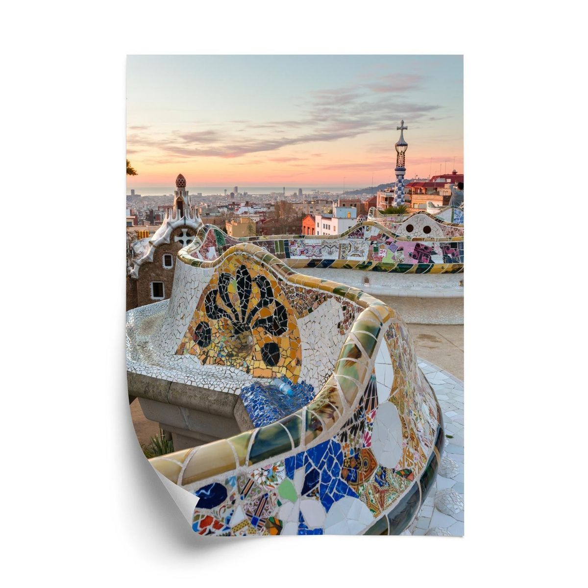 Plakat - Solopgang set fra park guell i barcelona