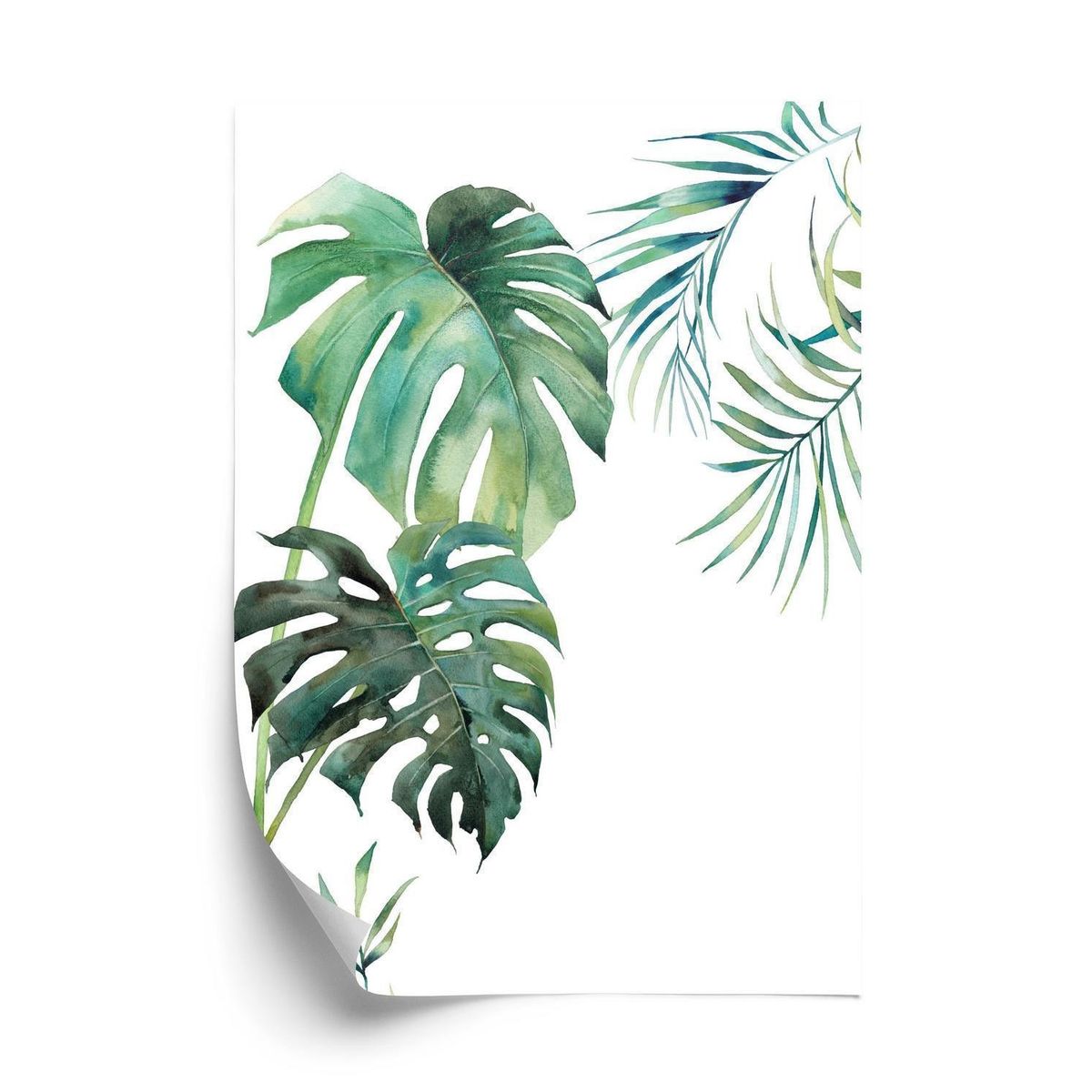 Plakat - Tropisk mønster med akvarel palme og monstera blade