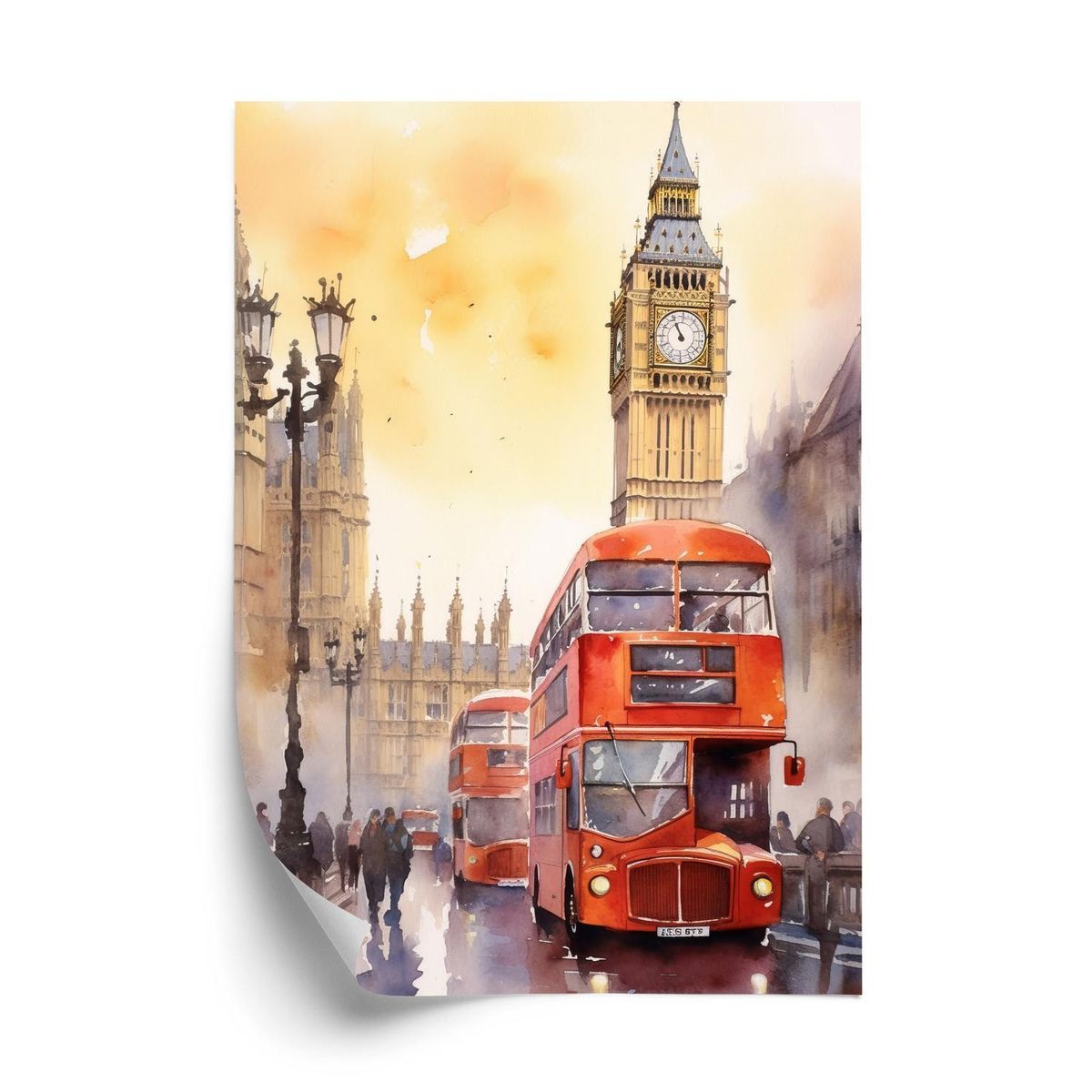 Plakat - Bus og big ben i akvarel london