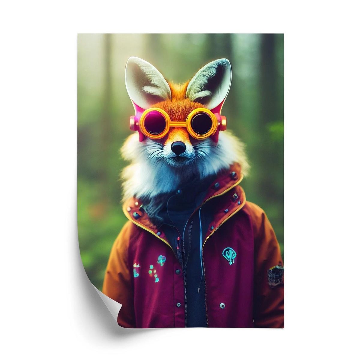 Plakat - Portrait of a fox wearing a cyberpunk headset neon virtual