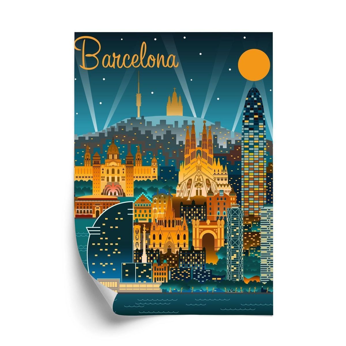 Plakat - Barcelona om natten med oplyste bygninger