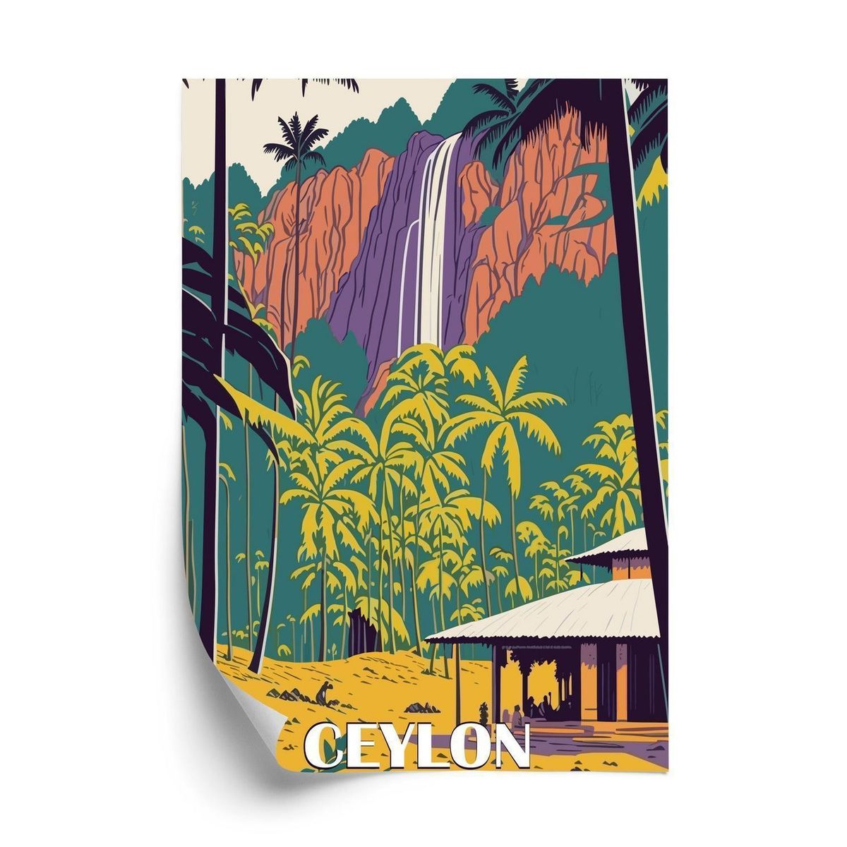 Plakat - Ceylon retro landskab med vandfald